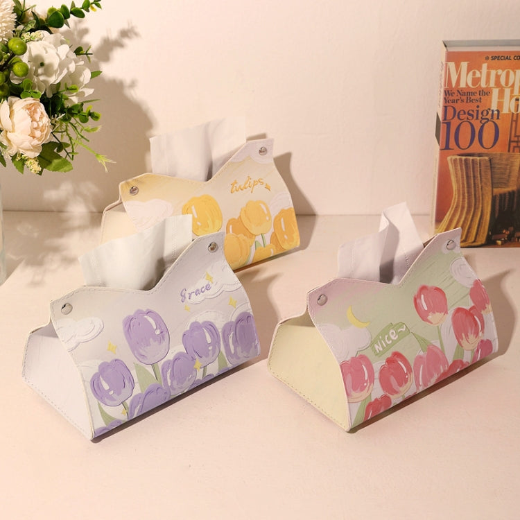 Set of two beige tulip-printed tissue holder bags, purple and pink patterns