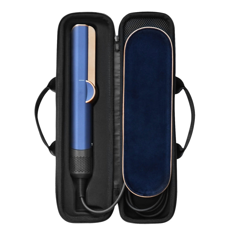 Black storage case shown with blue straightening tool and cord routed in compartments.