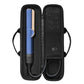 Black storage case with blue straightening tool fitted in two padded sections.