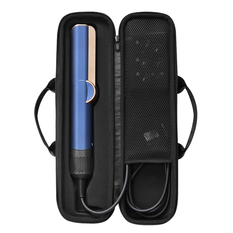 Black storage case with blue straightening tool fitted in two padded sections.