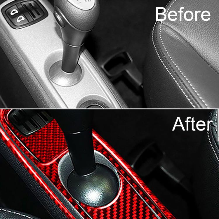 Red carbon-fiber gear console sticker trim with red border around shifter controls
