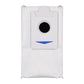 White vacuum dust bag with round intake opening and blue logo panel