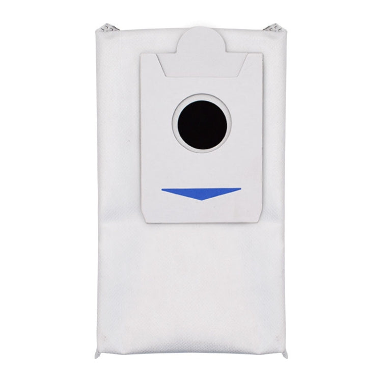 White vacuum dust bag with round intake opening and blue logo panel