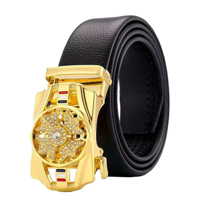 Men's automatic buckle belt with black strap and gold ornate buckle detail