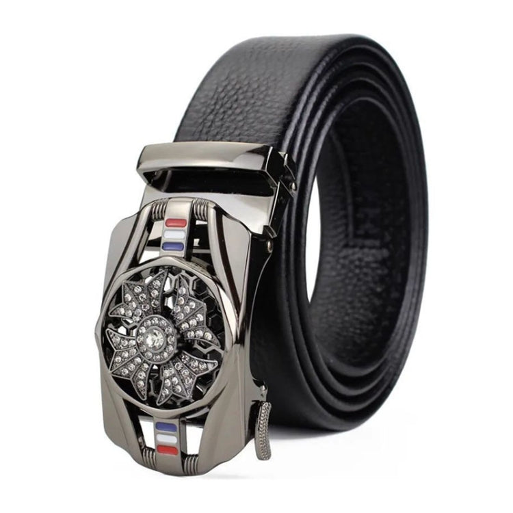 Men's automatic buckle belt with black strap and silver ornate buckle detail