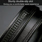 Men's black belt close-up with textured leather-like weave and double stitching