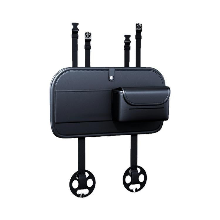 Black car seat back storage pouch with two side straps and top flap pocket