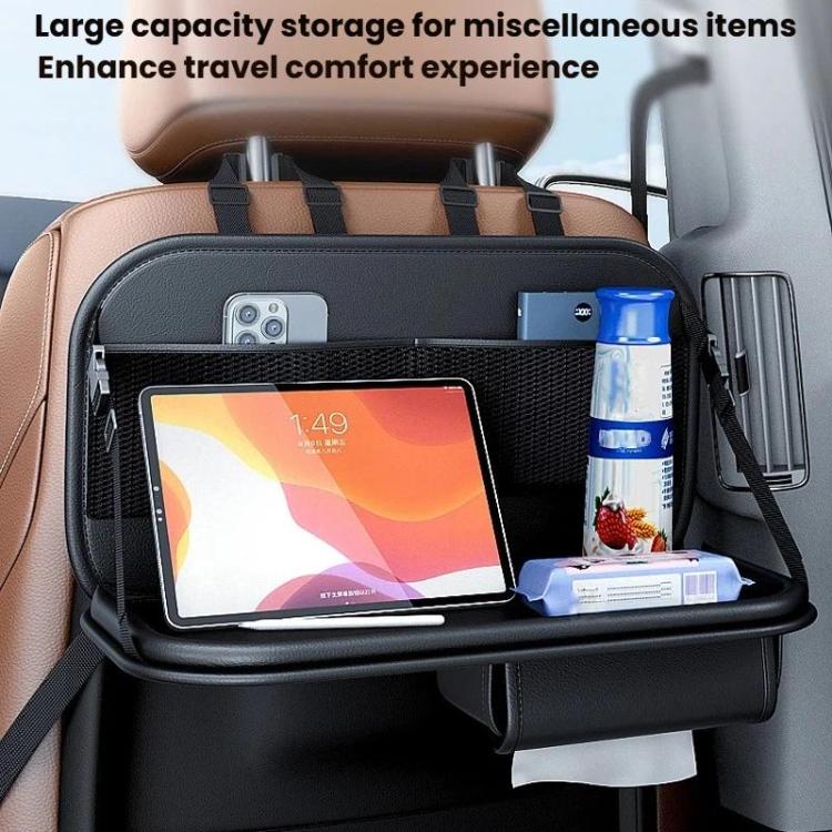 Black rear seat organizer pouch with mesh front and side pocket holding tablet and drinks