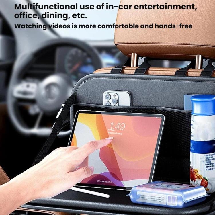 Black car seat back storage bag with mesh panel and front pocket for a tablet
