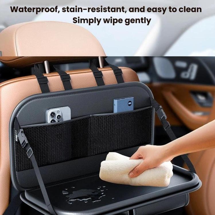 Black seat back storage pouch with mesh pocket and front compartment for cleaning wipes