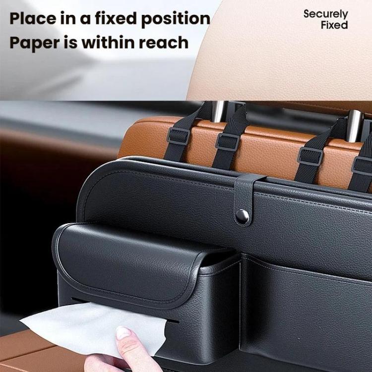 Black foldable seat back storage pouch with snap button and front tissue pocket