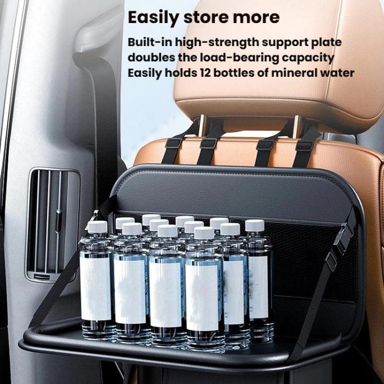 Black rear seat organizer tray holding water bottles in front storage compartment