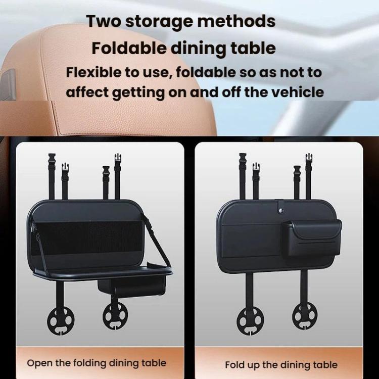 Black foldable dining table with seat back storage pouch and strap mounts