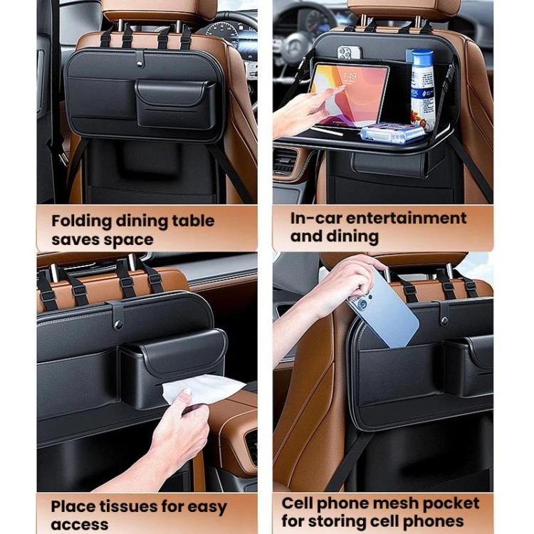 Black car seat back storage bag with folding dining table and organizer pockets