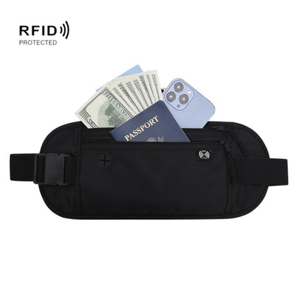 Black zippered waist pack with RFID badge, passport and phone slots, adjustable belt.