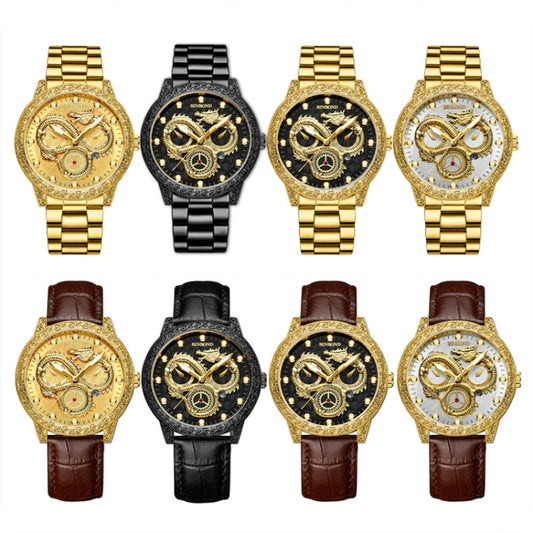 Assorted mechanical wristwatches with gold and black dials and metal bracelets.