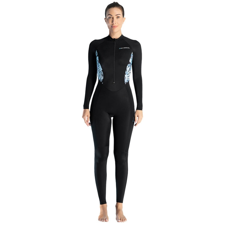 Women’s black long-sleeve wetsuit, front zipper closure, patterned sleeve inserts