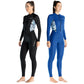 Womens long-sleeve thin wetsuit, black with front zipper and blue patterned chest panels
