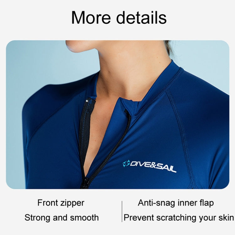 Blue long-sleeve wetsuit with front zipper and anti-snag inner flap detail