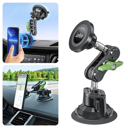 Magnetic car phone holder with suction base and adjustable mount, black and green
