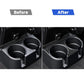 Rear cup holder stickers with carbon-fiber look applied around two cup holders