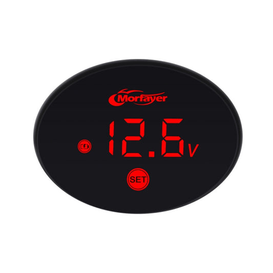 Red 12.5V digital voltmeter display on a black oval Morfayer meter face with SET button