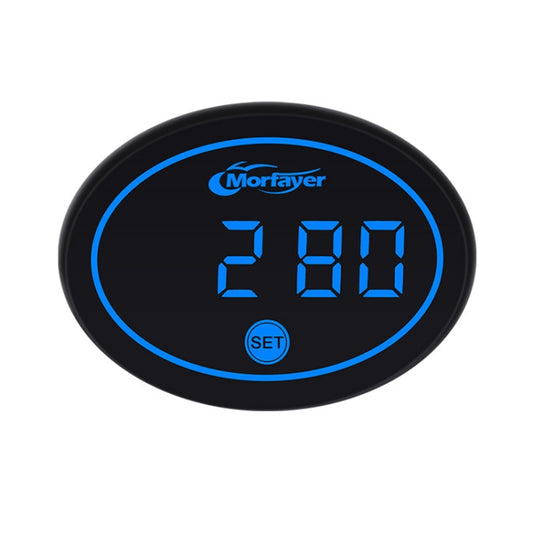 Blue 28.0 digital display on a black oval Morfayer meter with SET button and LED ring