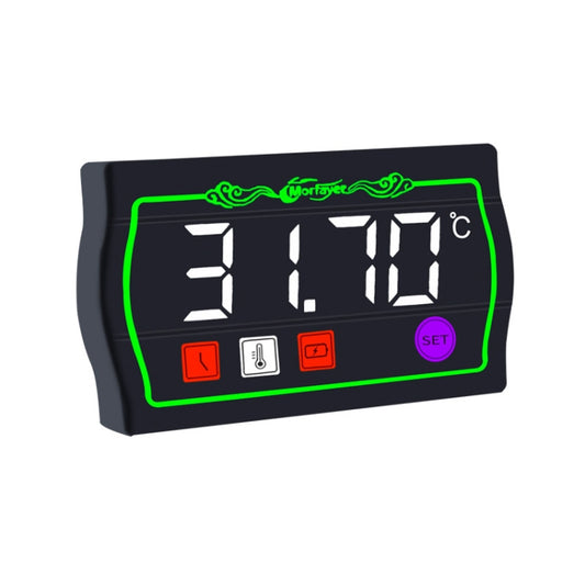 Motorcycle multi-function tachometer display, black case, green outline, Celsius readout with °C