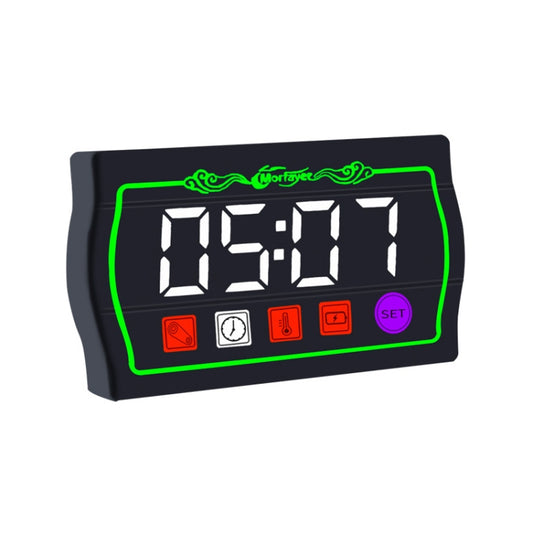 Motorcycle multi-function tachometer display, black case, green outline, large numeric readout