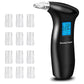 Black handheld breath alcohol tester with LCD display and 12 clear mouthpieces