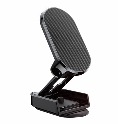 Magnetic folding phone holder with textured dark grip, open base tray