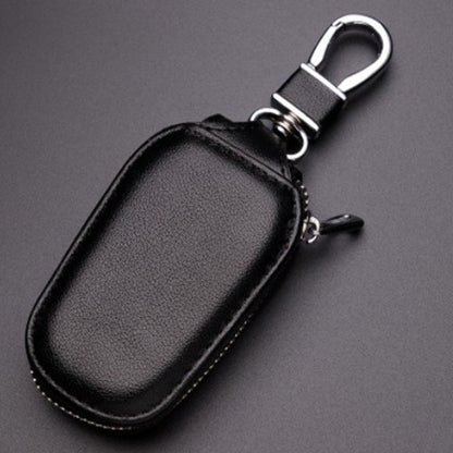 Black leather key storage pouch with metal key ring and snap hook