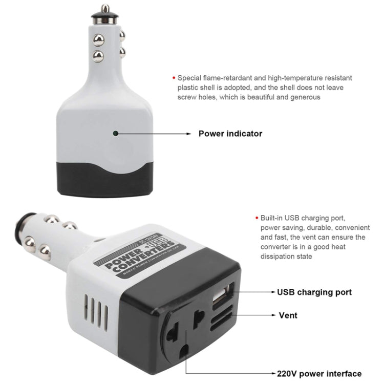 Car power inverter with USB charging port and power indicator, compact white/black body