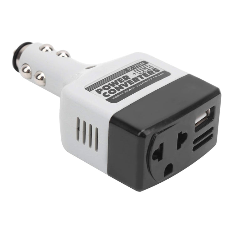 Car power inverter adapter with USB charging port, white and black, 220V outlet
