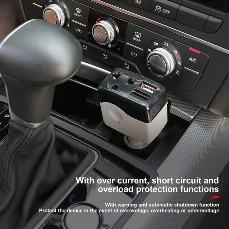 Car power inverter plugged in car console, with USB charging port and vents, white/black