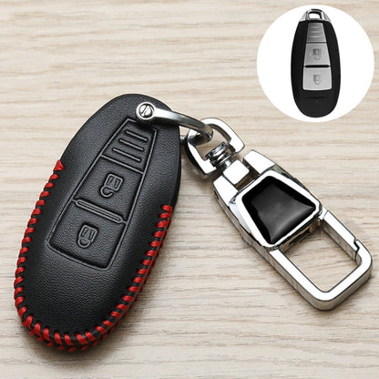 Black leather car key cover with red stitching and metal keychain buckle