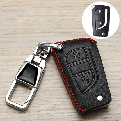 Black leather-look Toyota key fob cover with red stitching and metal keychain clip