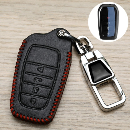 Black leather-style key cover with red stitched edges and metal keychain clip