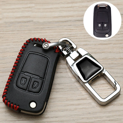 Black key fob cover with red stitching, metal ring and chrome key holder for keychain