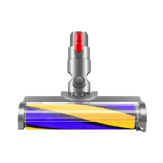 Soft brush head top view with red button and green LED dust light, silver body
