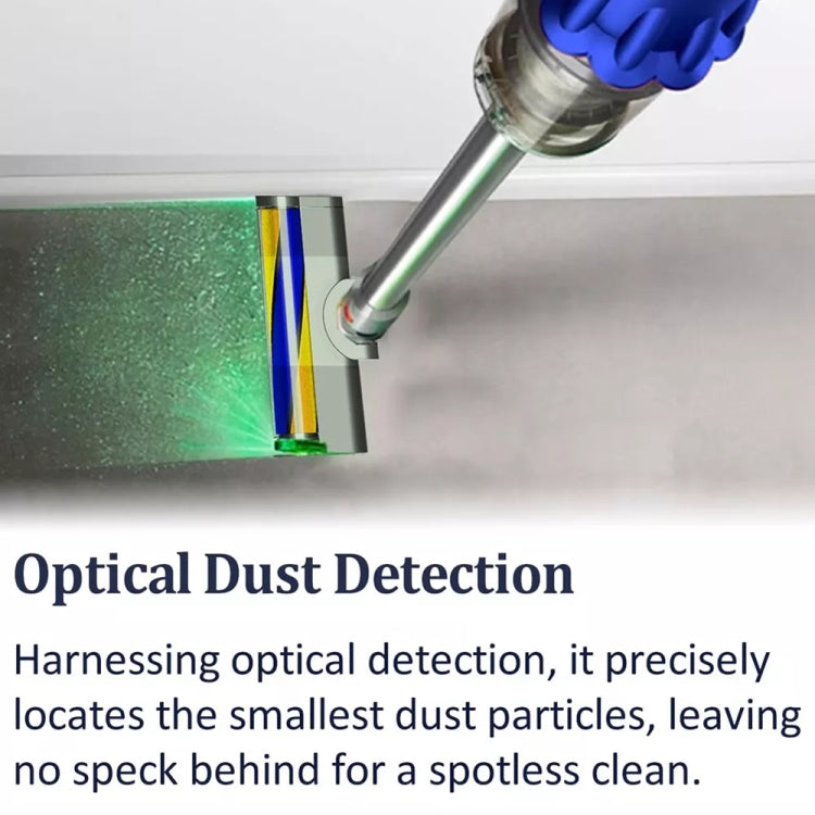 Soft brush head nozzle with green LED dust indicator light, angled toward cleaning