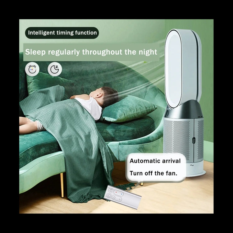Bladeless air purifier fan with remote controller on tabletop