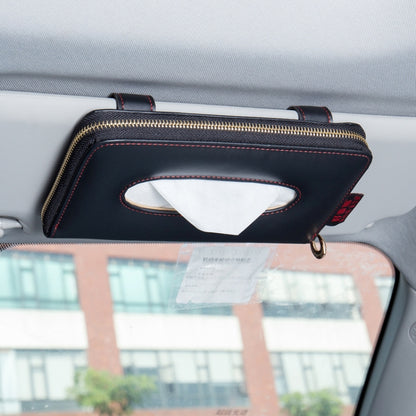 Black car visor hanging tissue box with oval tissue opening and zipper