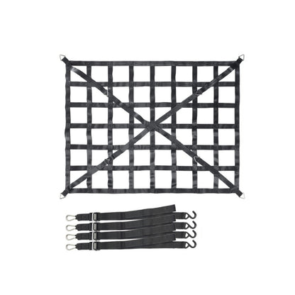 Black truck bed cargo net with crisscross mesh and multiple strap loops