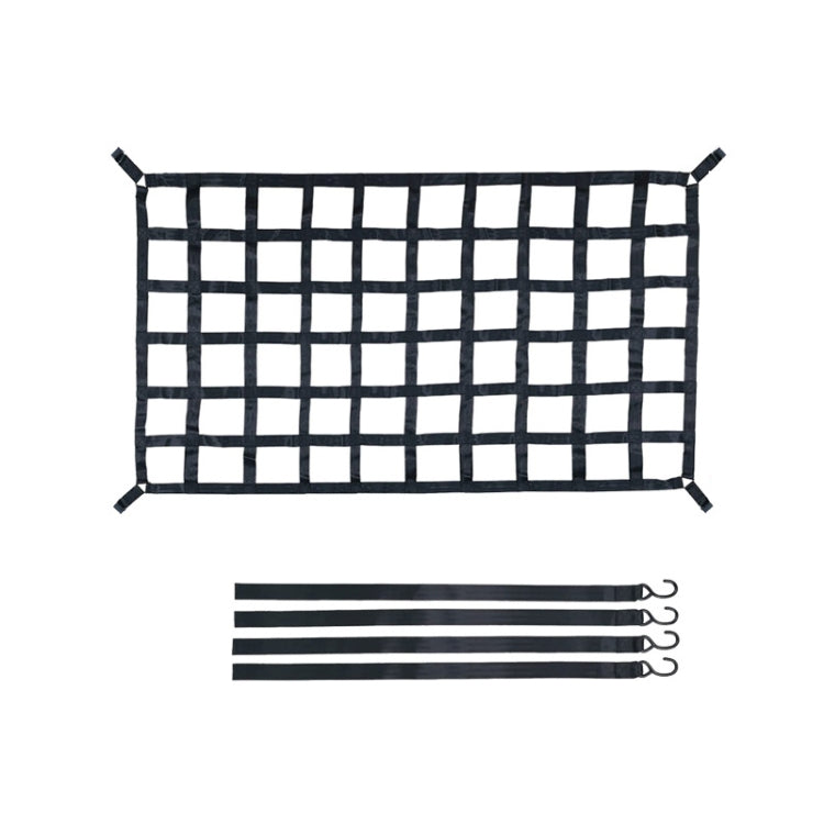 Black pickup bed cargo net with grid mesh and matching strap set