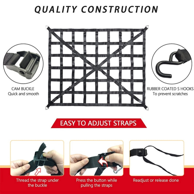 Black cargo net with cam buckle straps and rubber-coated hooks for protection