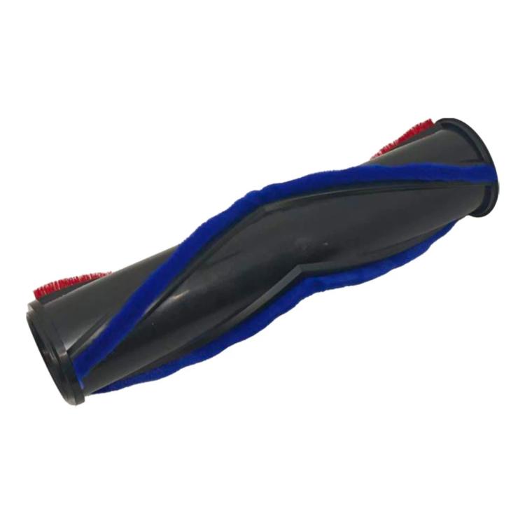 Motorized floor head brush bar with blue soft roller and red bristle tufts on side
