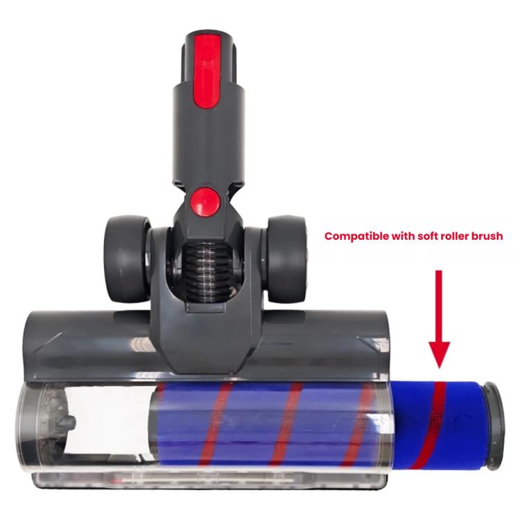Motorized floor head with blue roller brush bar and red stripe accents on gray body