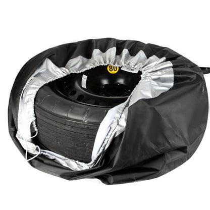 Black car tire protective cover with silver inner lining and drawstring opening