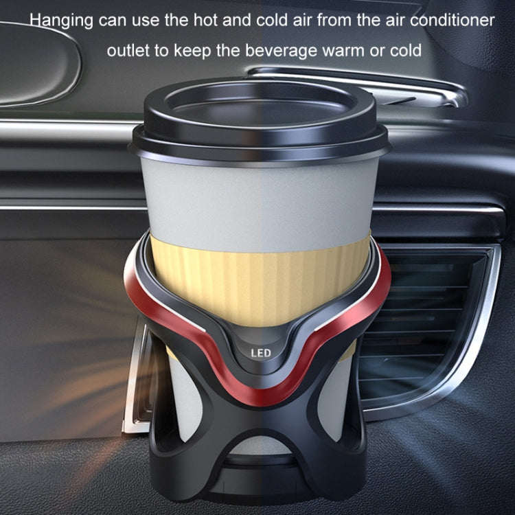 Car cup holder with gray insert and black base, red LED light ring